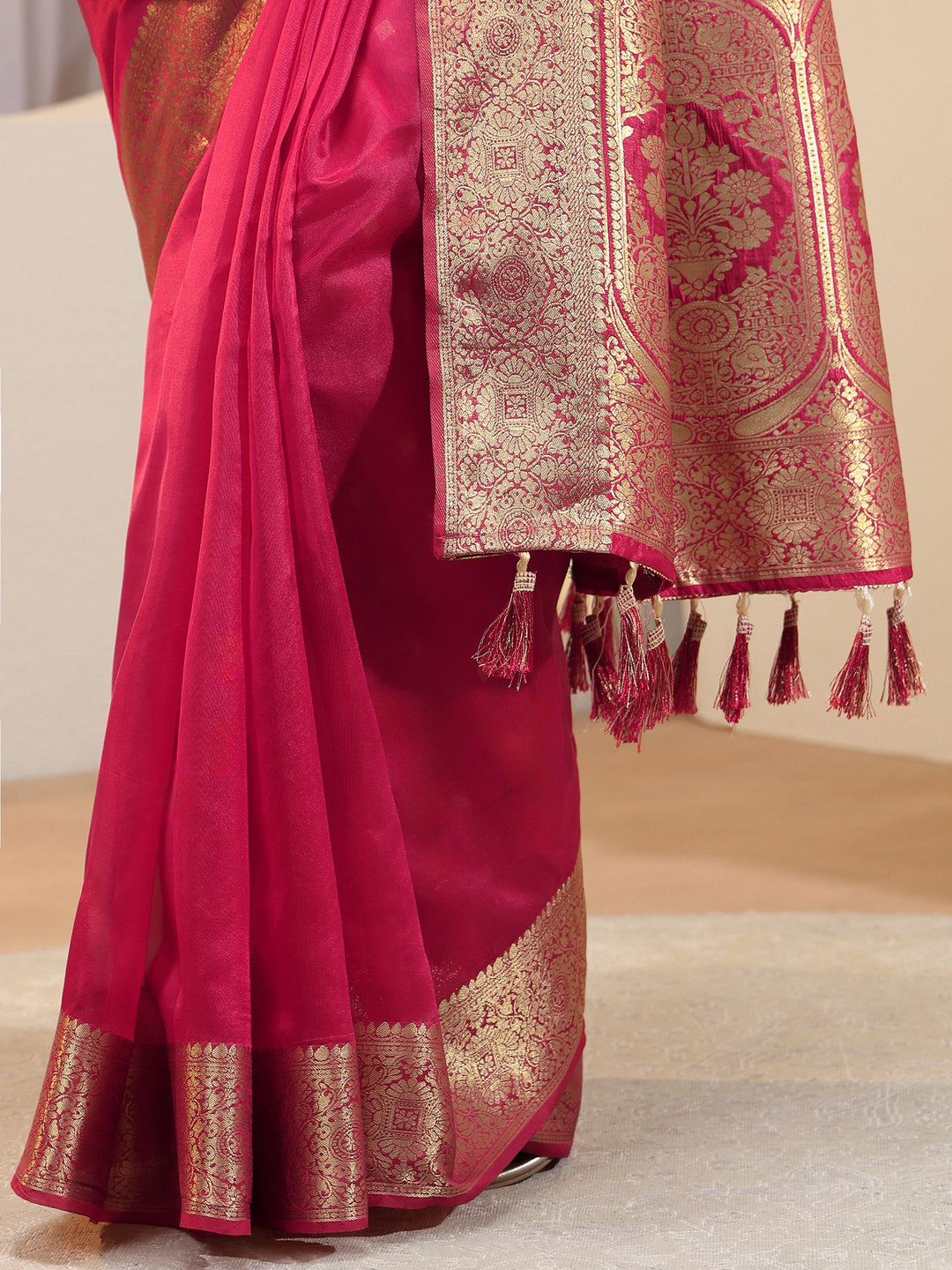 Libas Pink Silk Blend Tassel Saree