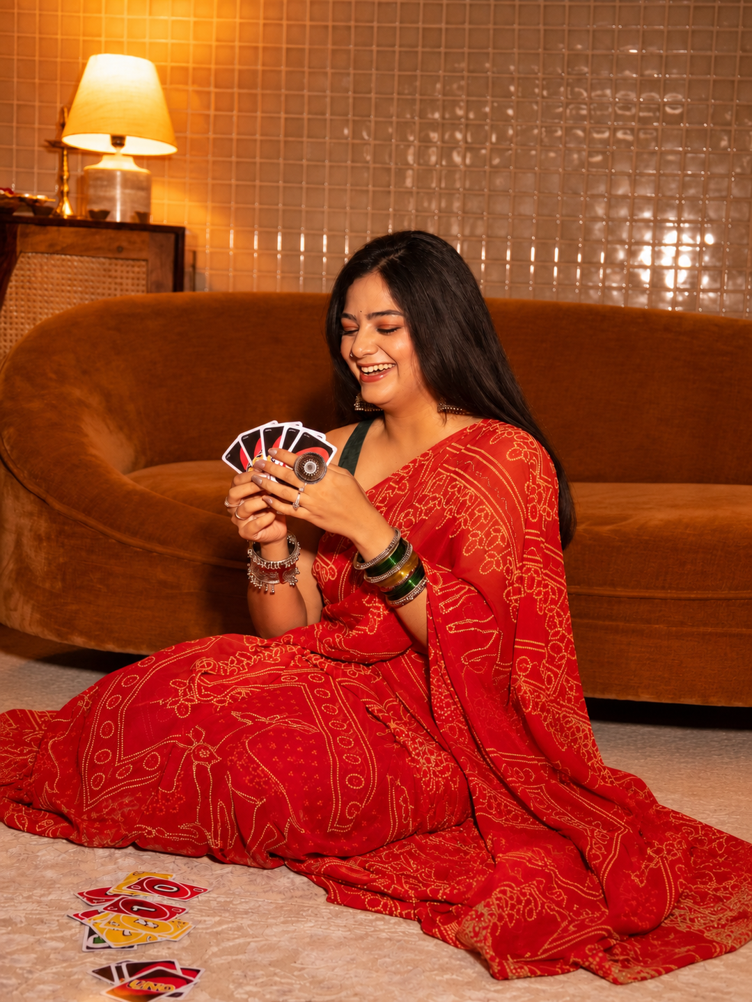 Libas Falguni Red Bandhani Printed Georgette Saree