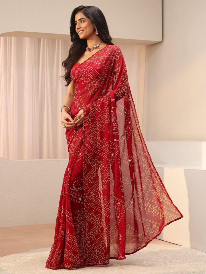 Libas Red Bandhani Printed Georgette Saree