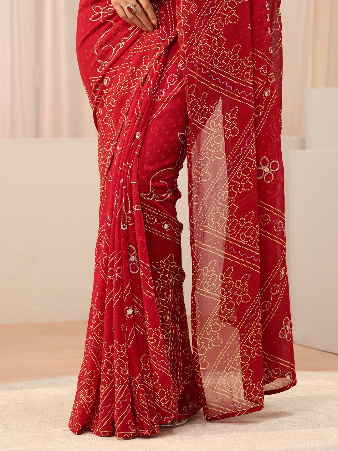 Libas Red Bandhani Printed Georgette Saree