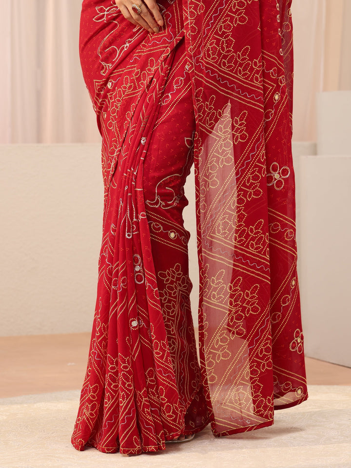 Libas Red Bandhani Printed Georgette Saree
