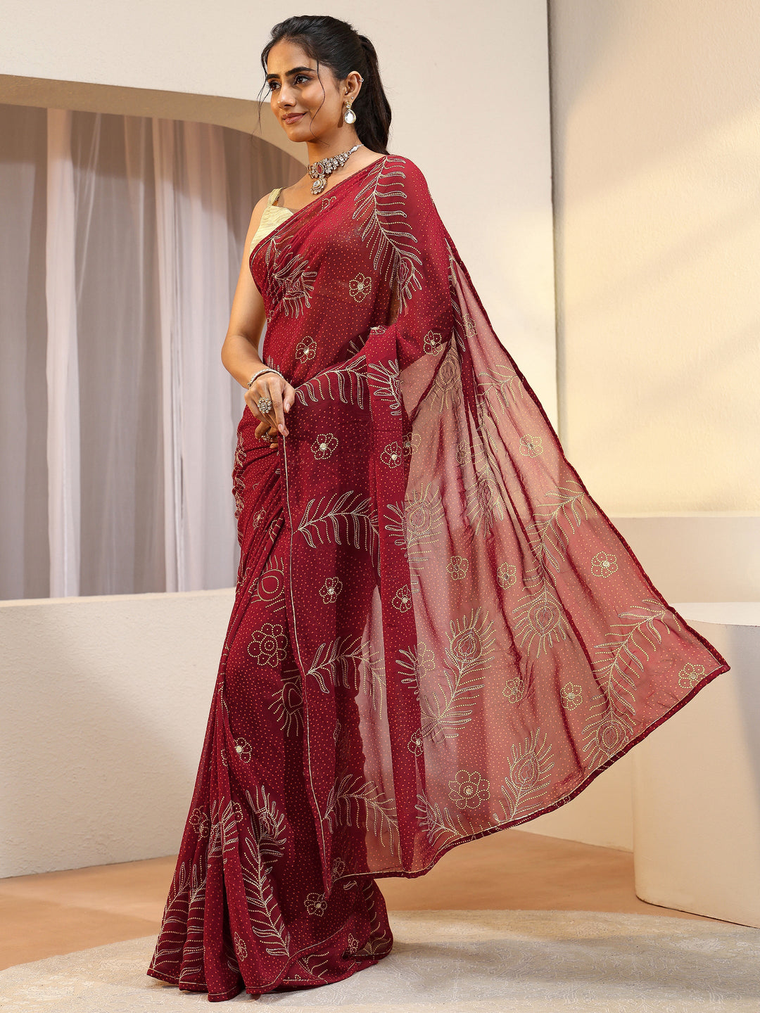 Maroon Floral Printed Georgette Saree