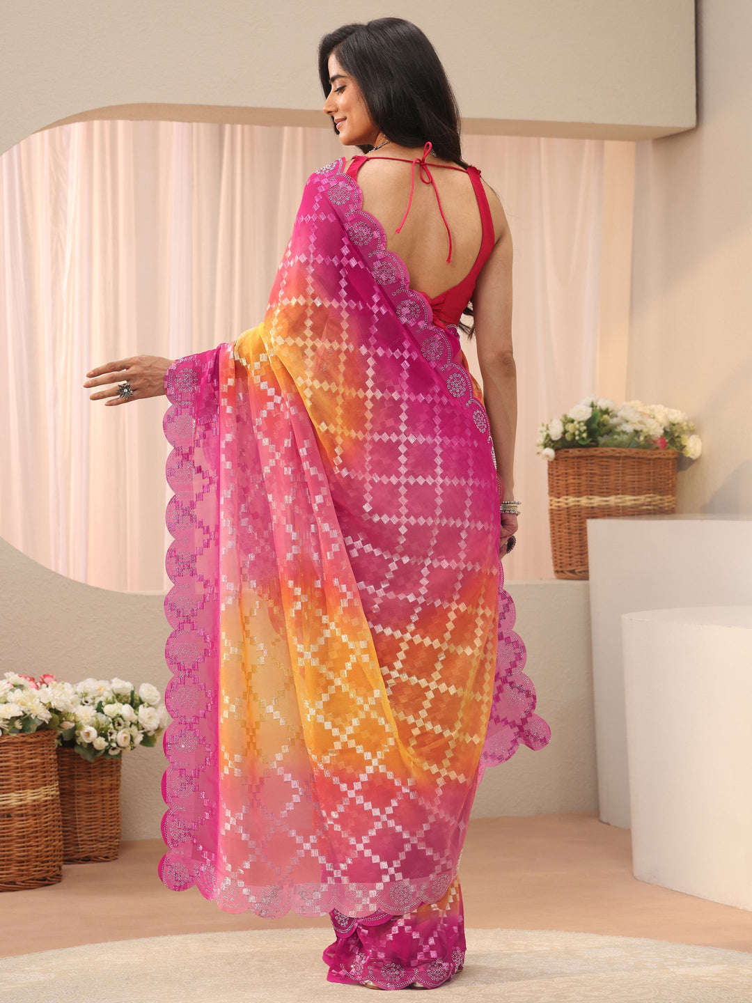 Orange Geometric Self Design Georgette Saree