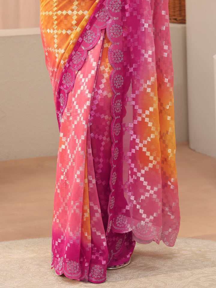 Orange Geometric Self Design Georgette Saree