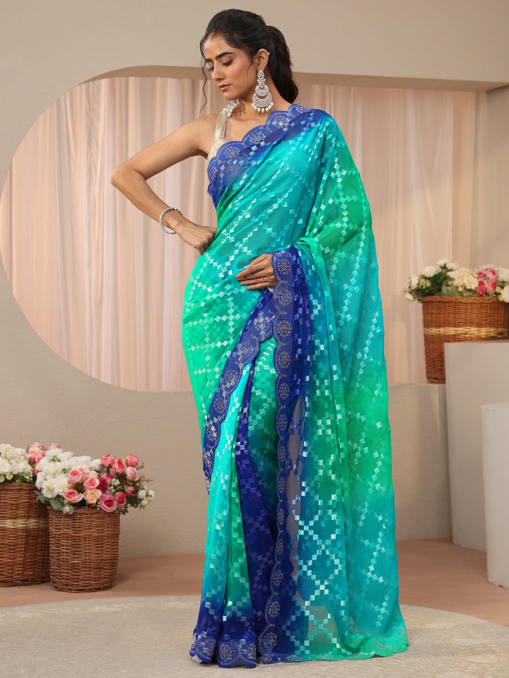 Blue Geometric Self Design Georgette Saree