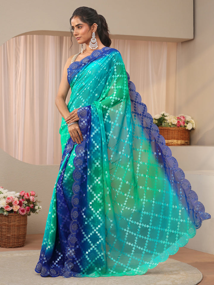 Blue Geometric Self Design Georgette Saree