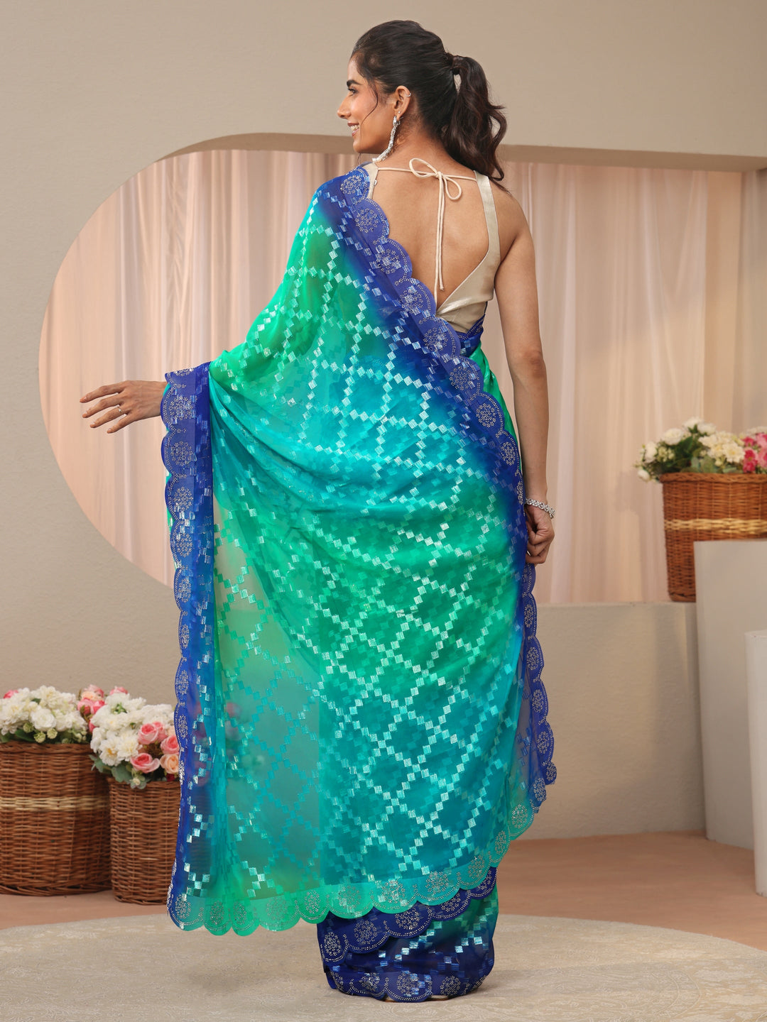 Blue Geometric Self Design Georgette Saree