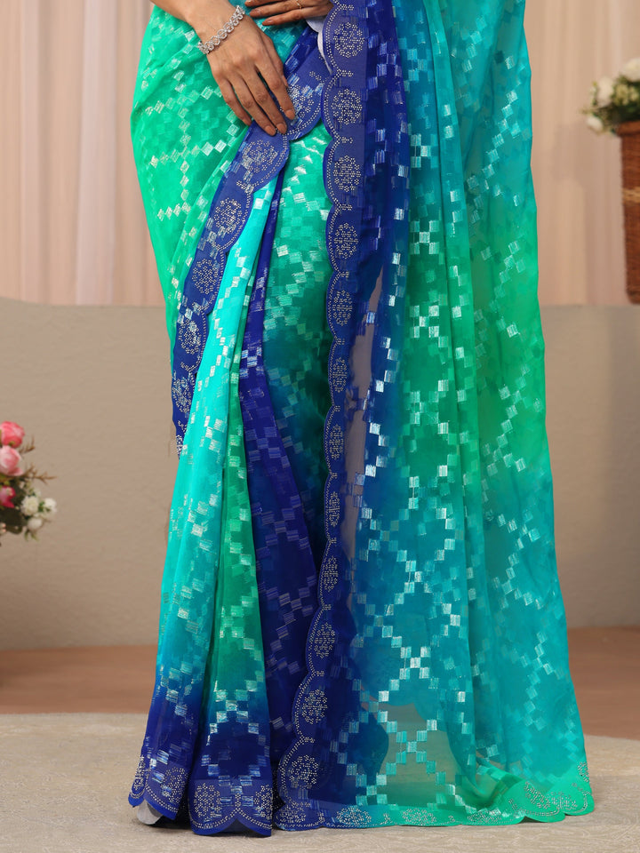 Blue Geometric Self Design Georgette Saree