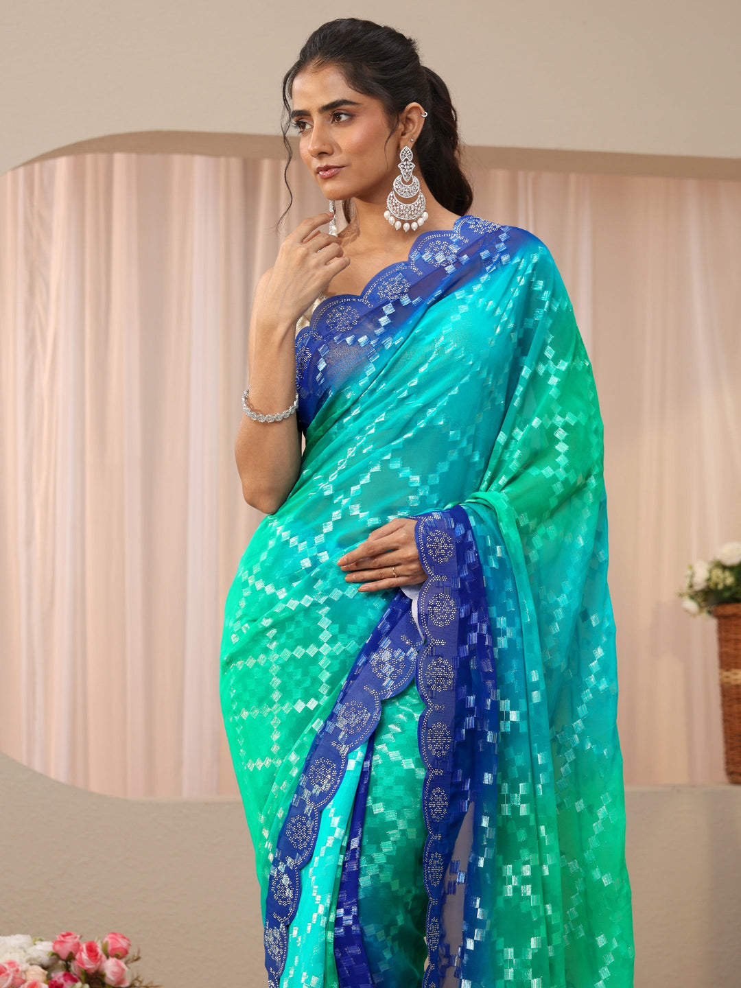 Blue Geometric Self Design Georgette Saree
