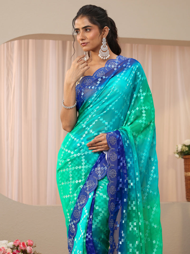 Blue Geometric Self Design Georgette Saree