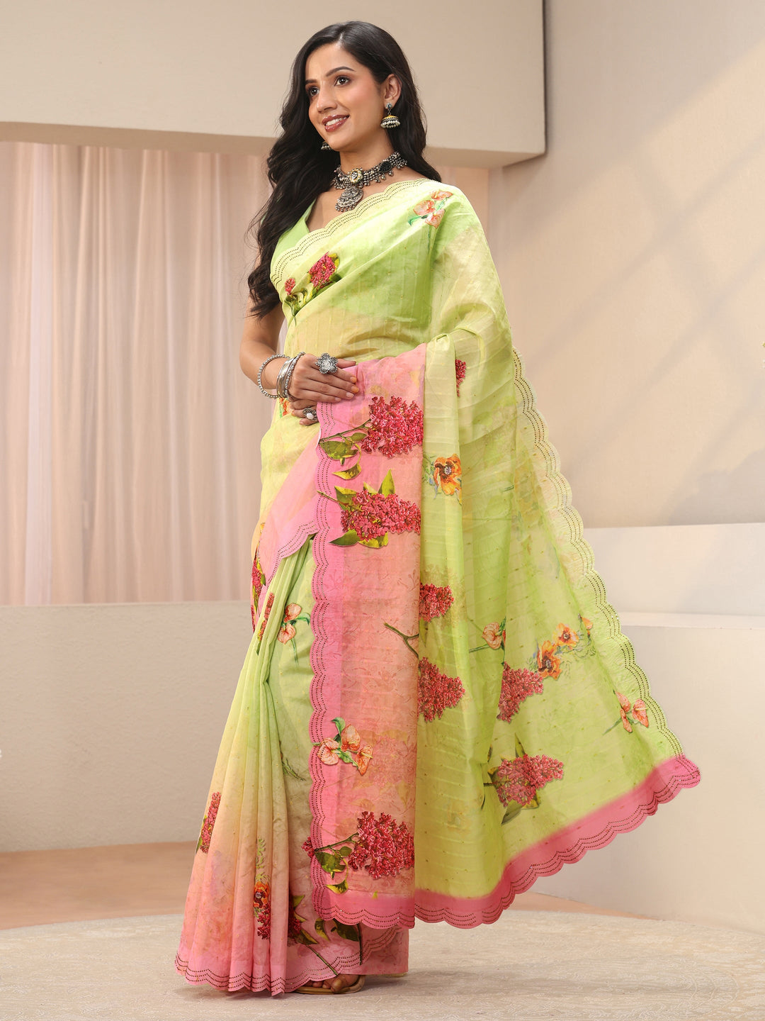 Green Floral Printed Organza Saree