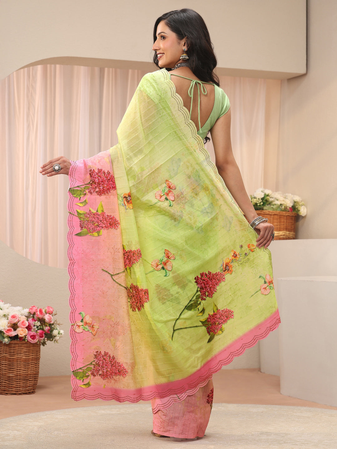 Green Floral Printed Organza Saree