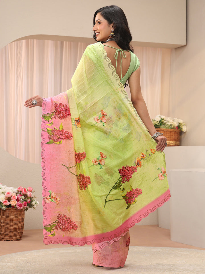 Green Floral Printed Organza Saree