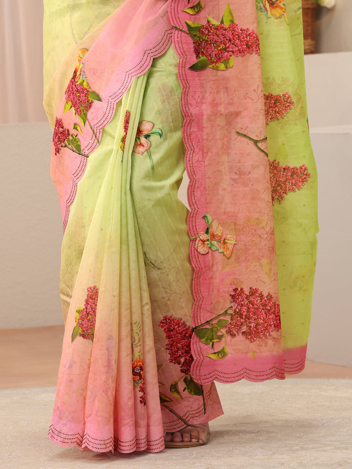 Green Floral Printed Organza Saree