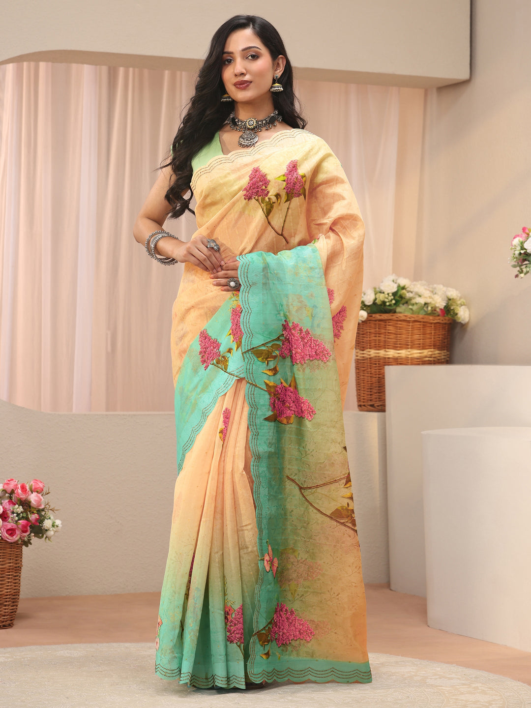 Beige Floral Printed Organza Saree