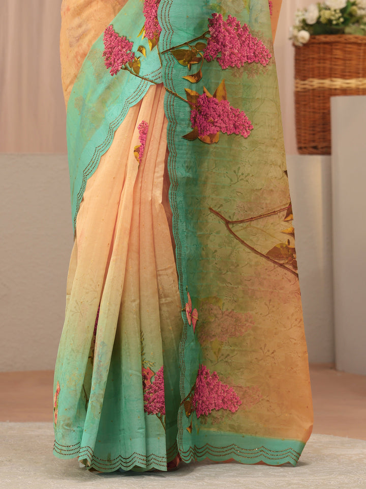 Beige Floral Printed Organza Saree