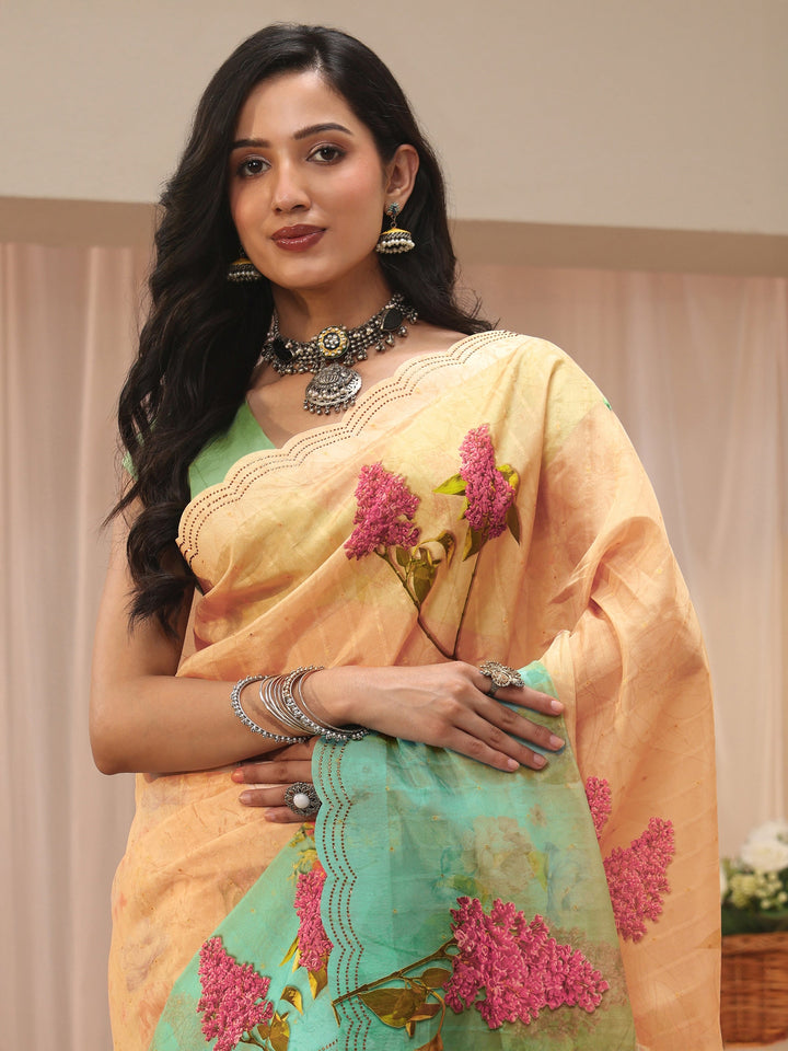 Beige Floral Printed Organza Saree
