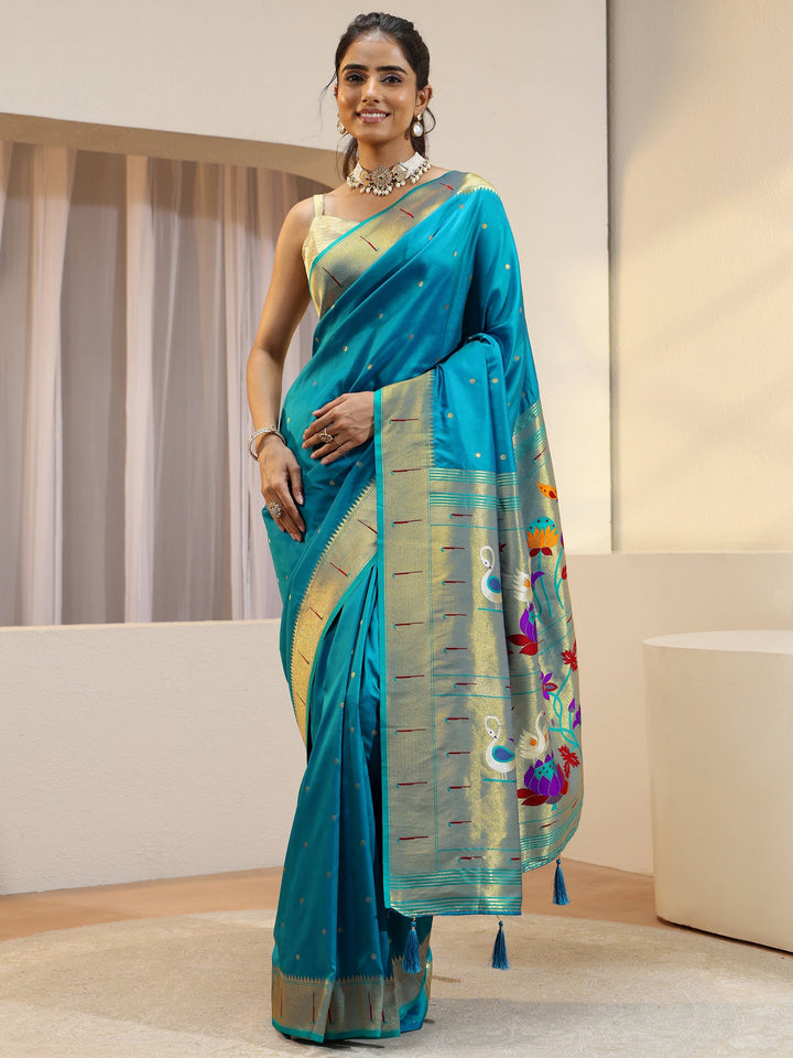 Turquoise Silk Blend Paithani Saree