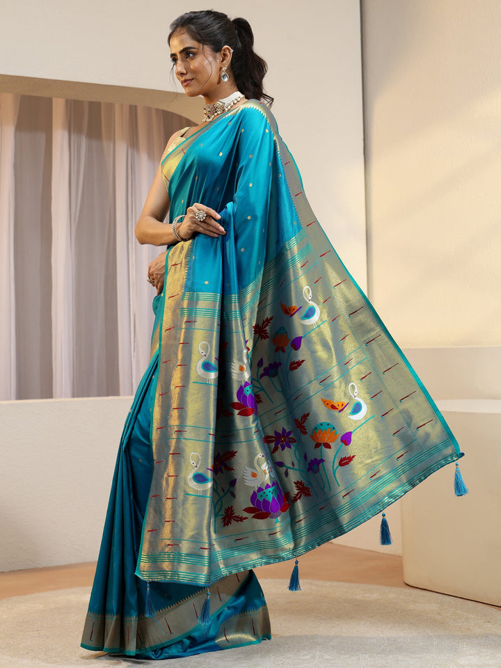 Turquoise Silk Blend Paithani Saree