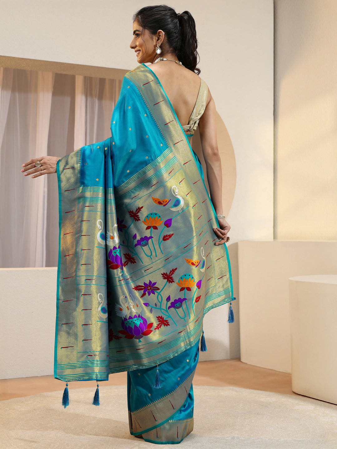 Turquoise Silk Blend Paithani Saree