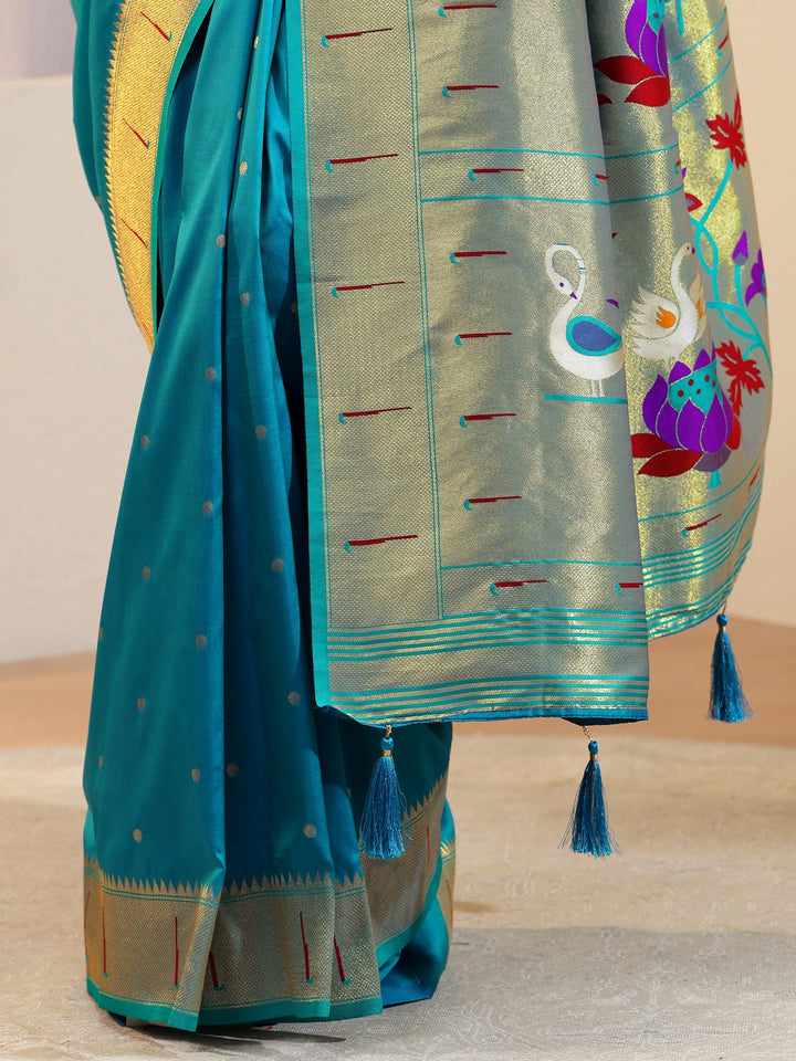 Turquoise Silk Blend Paithani Saree