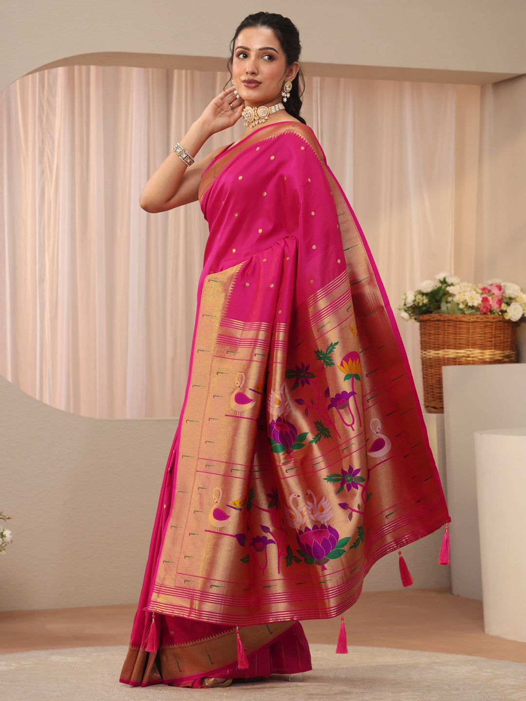 Libas Pink Silk Blend Paithani Saree