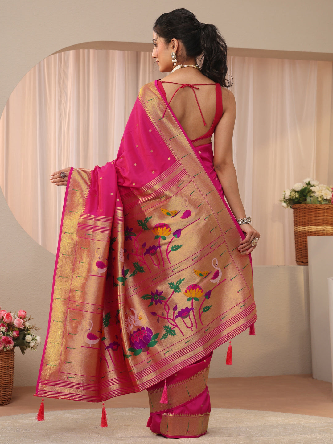 Libas Pink Silk Blend Paithani Saree