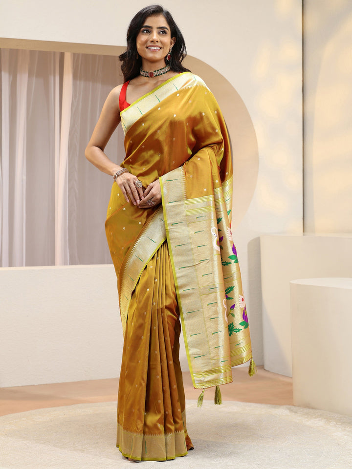 Ochre Yellow Silk Blend Paithani Saree
