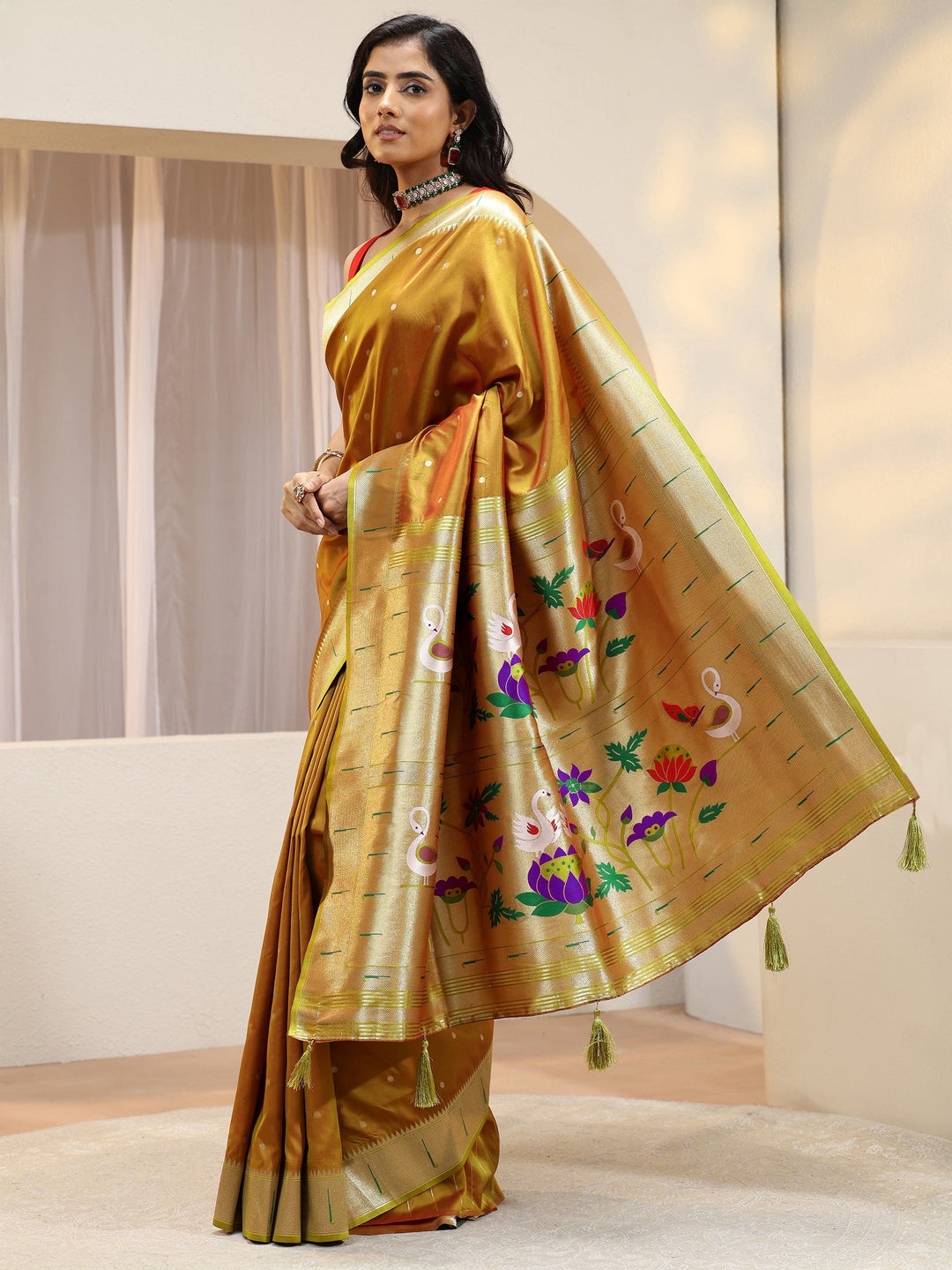 Ochre Yellow Silk Blend Paithani Saree