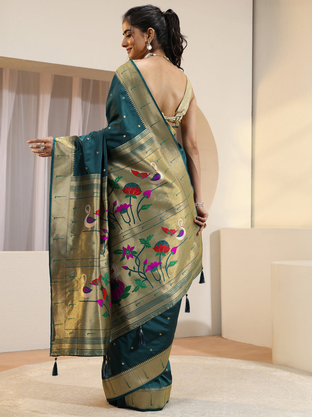 Teal Green Silk Blend Paithani Saree