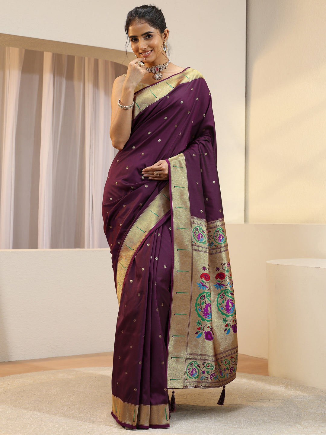 Plum Silk Blend Paithani Saree
