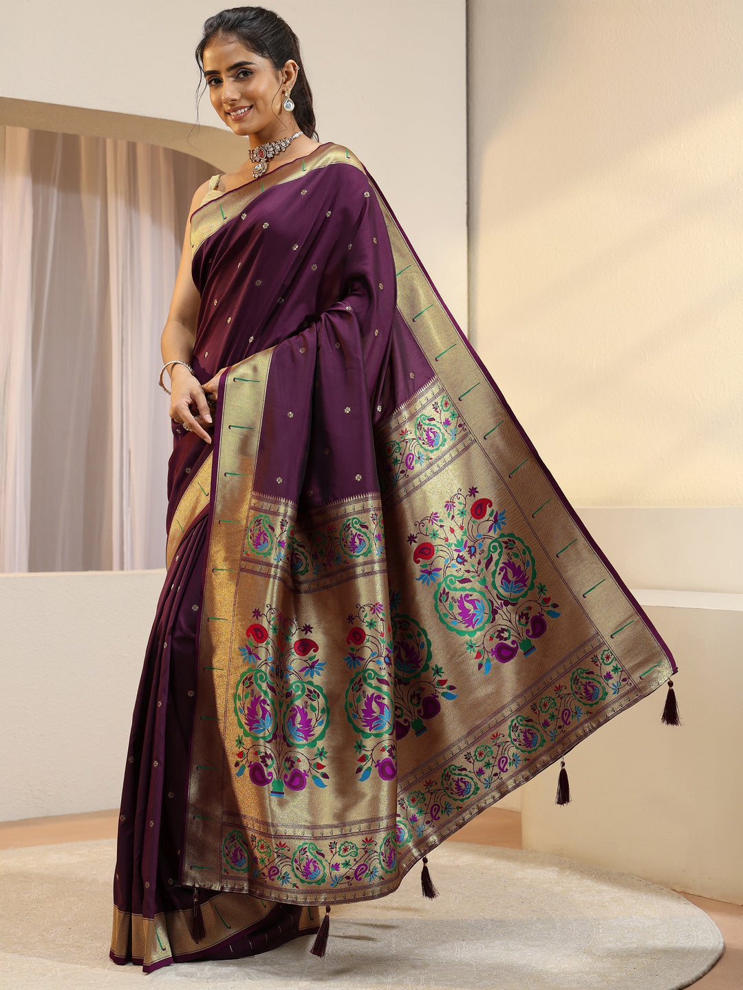 Plum Silk Blend Paithani Saree