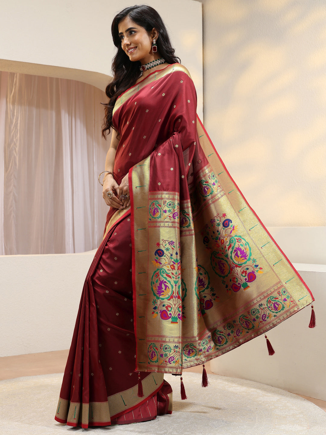 Terracotta Red Silk Blend Paithani Saree