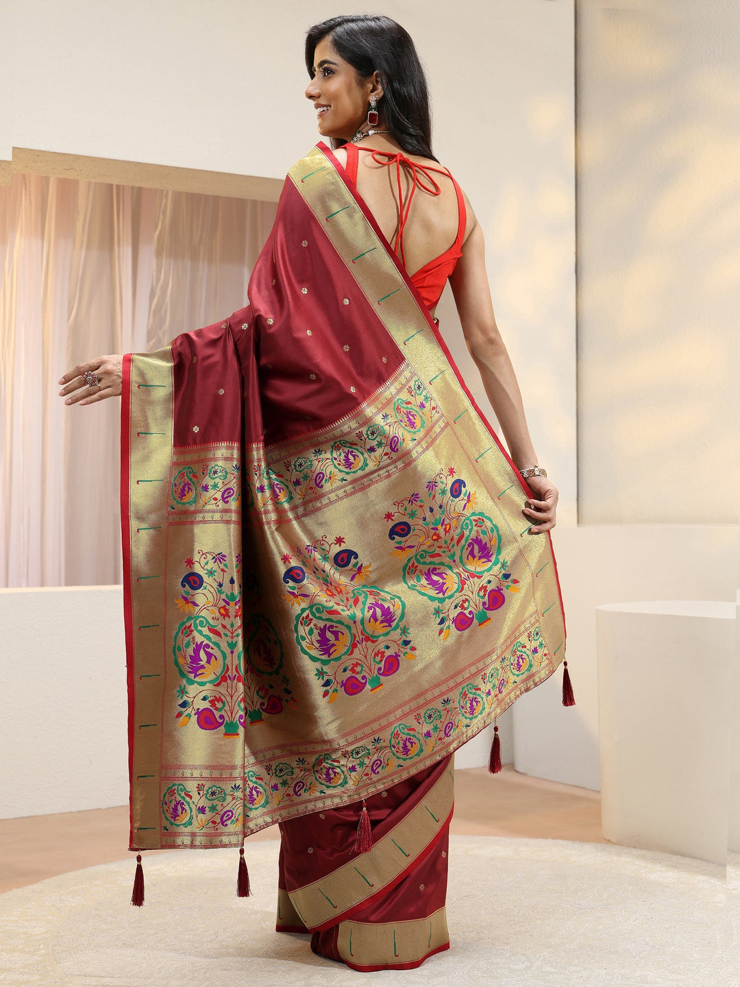 Terracotta Red Silk Blend Paithani Saree