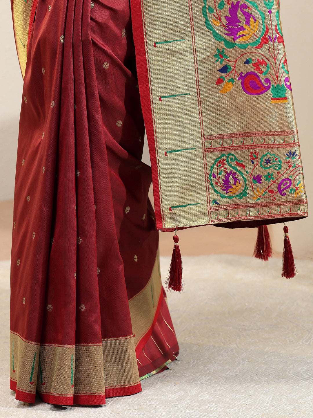 Terracotta Red Silk Blend Paithani Saree