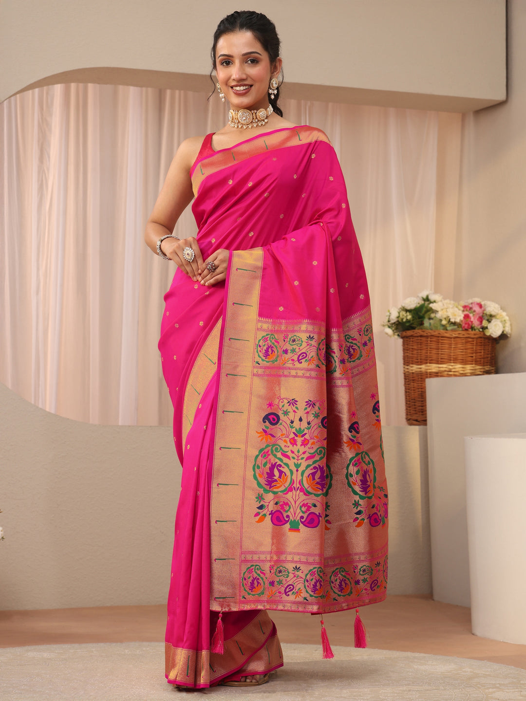 Pink Ethnic Motif Self Design Silk Blend Saree