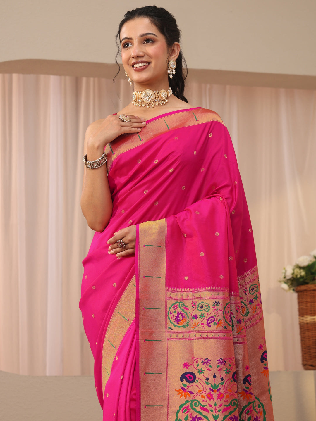 Pink Ethnic Motif Self Design Silk Blend Saree