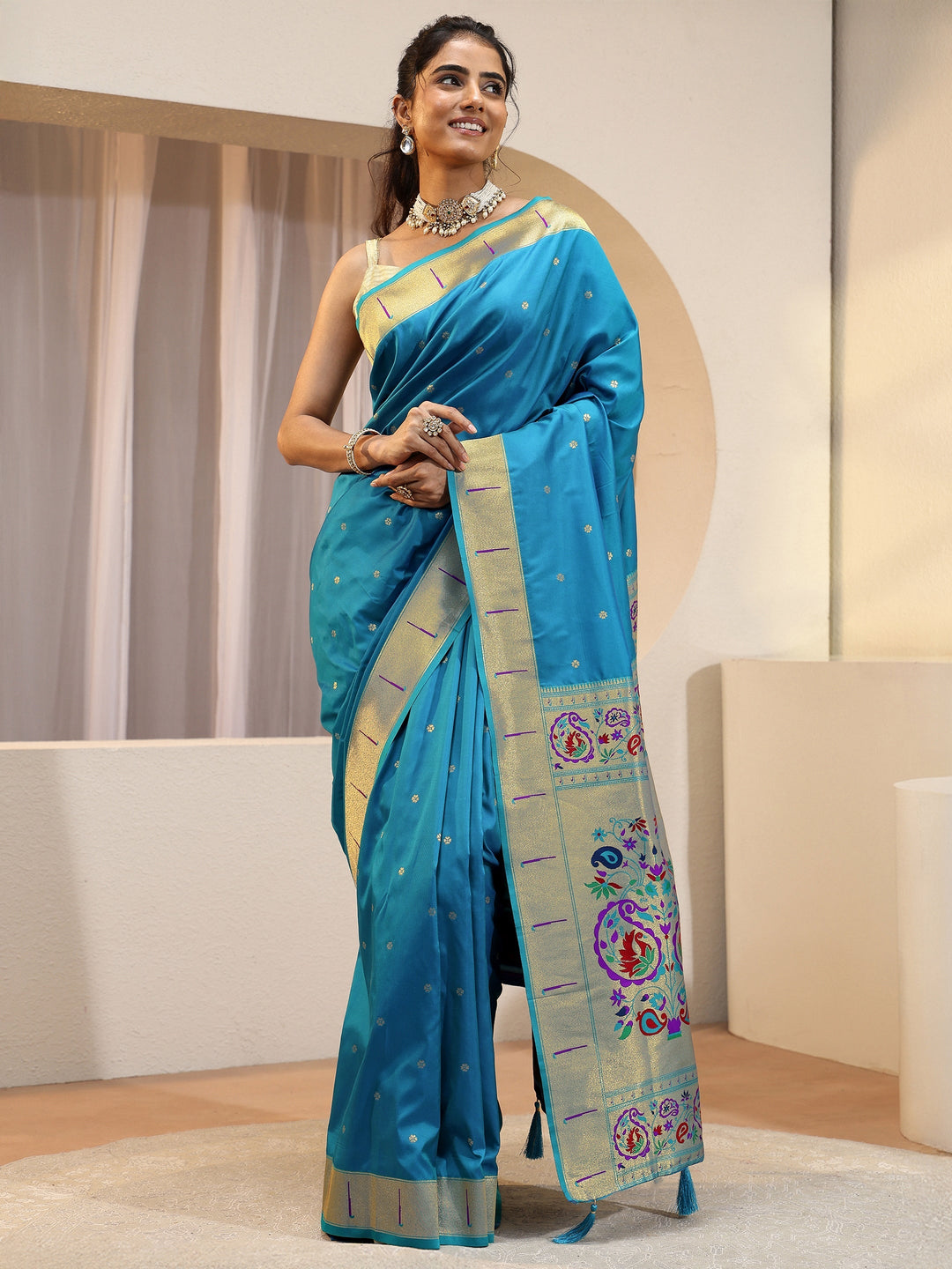 Cerulean Blue Silk Blend Paithani Saree