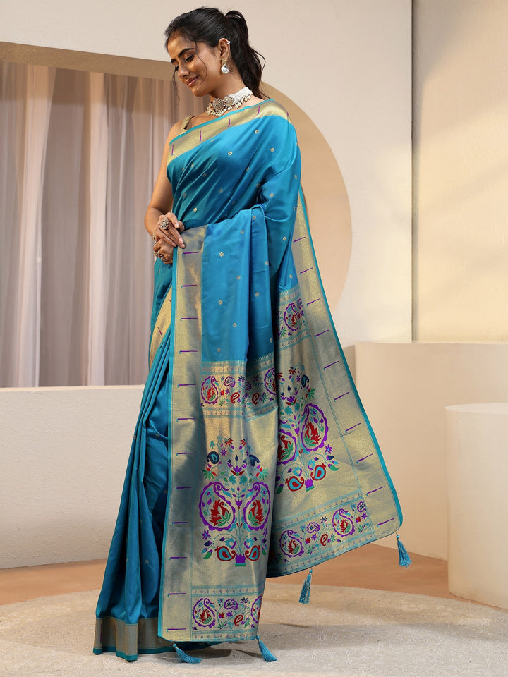 Cerulean Blue Silk Blend Paithani Saree