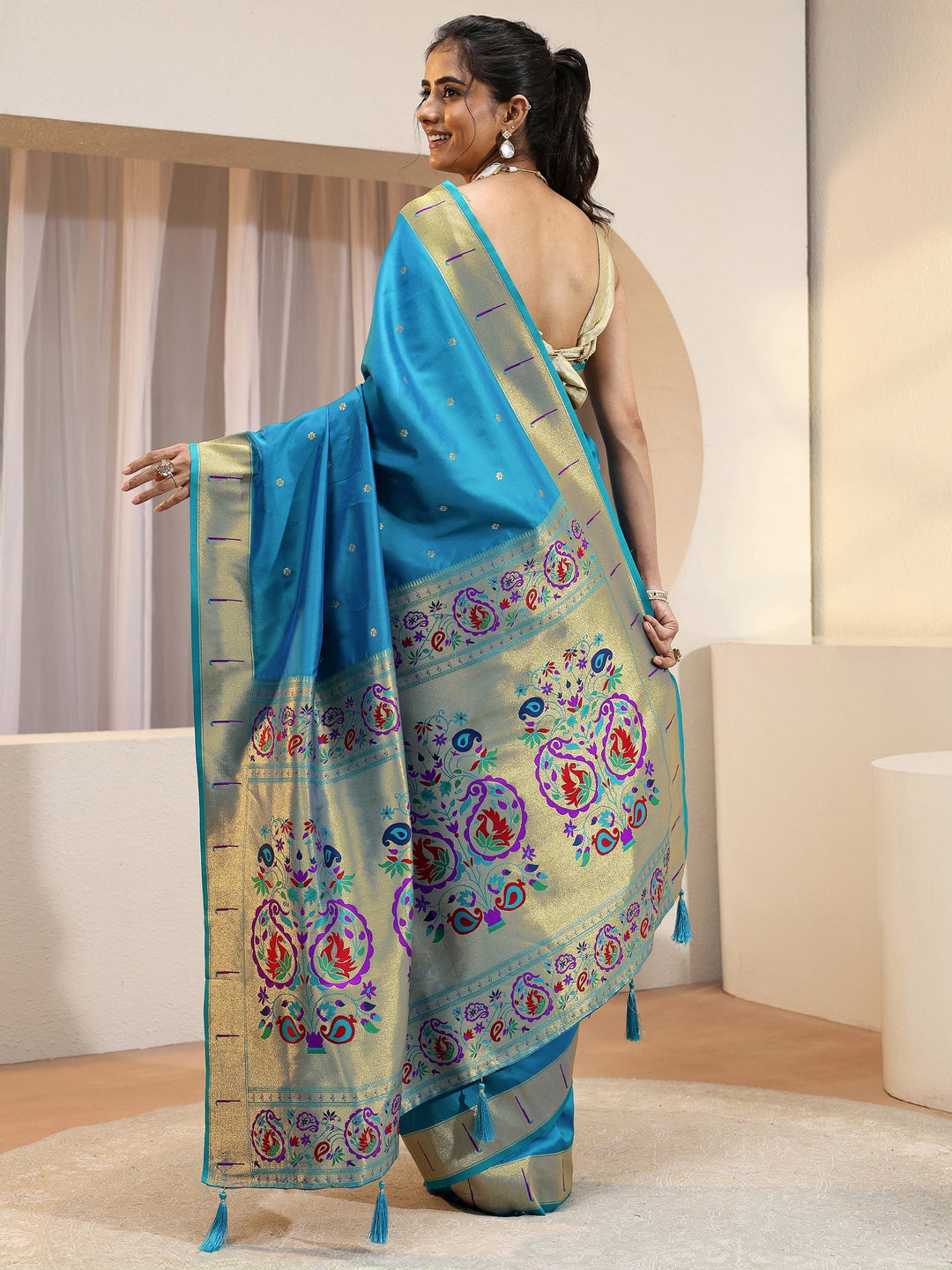 Cerulean Blue Silk Blend Paithani Saree
