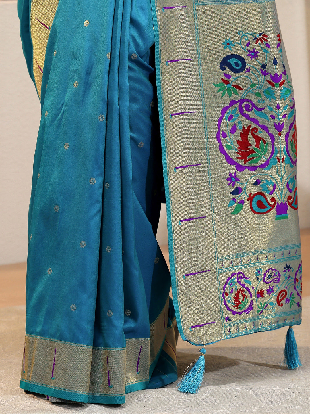 Cerulean Blue Silk Blend Paithani Saree