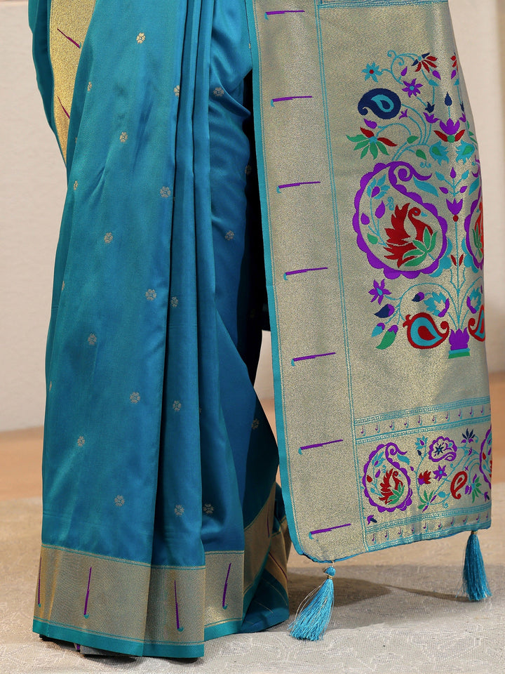 Cerulean Blue Silk Blend Paithani Saree