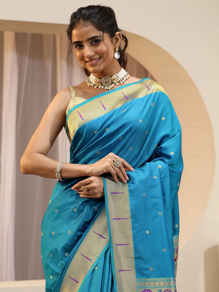 Cerulean Blue Silk Blend Paithani Saree