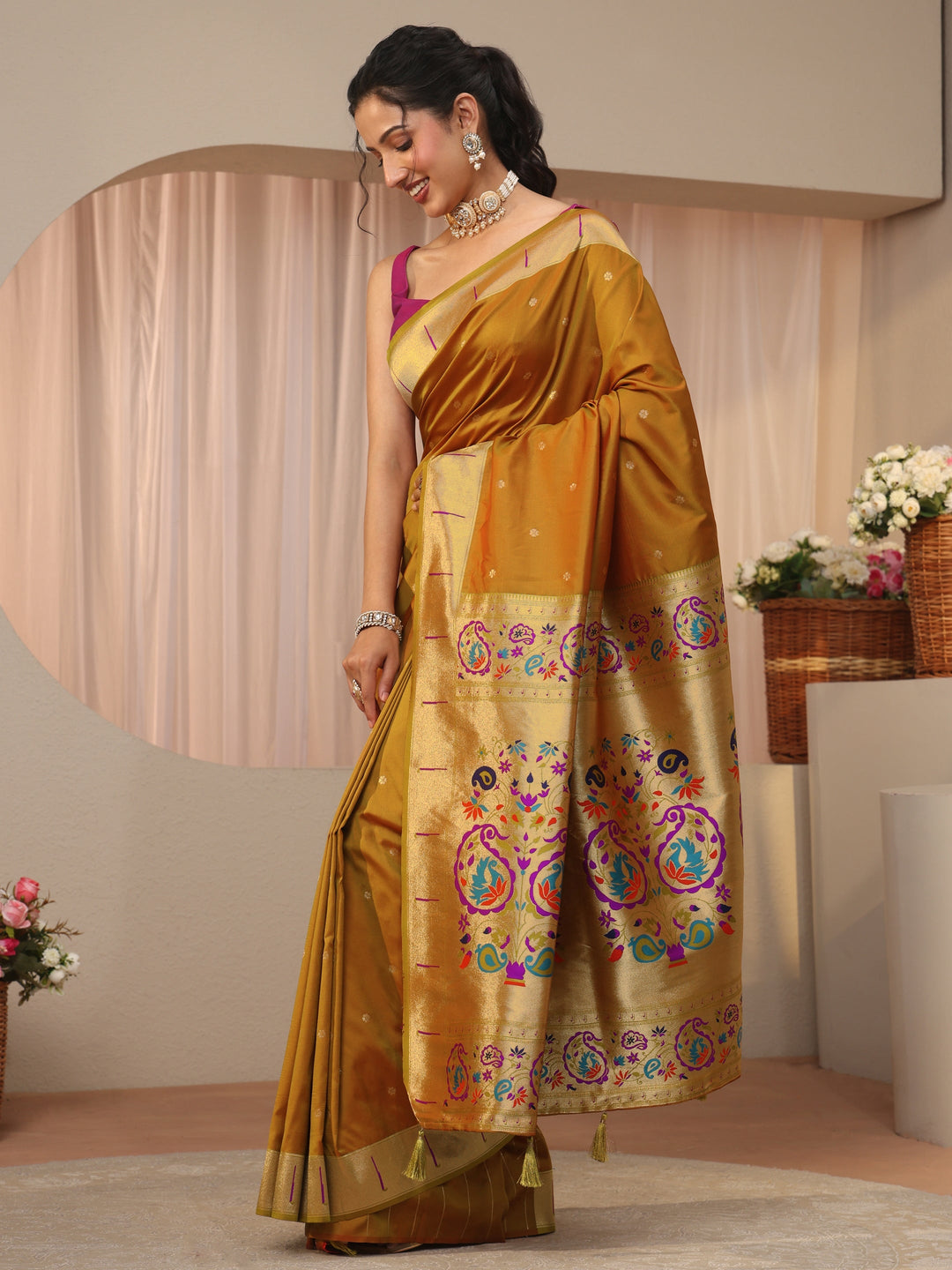 Mustard Ethnic Motif Self Design Silk Blend Saree