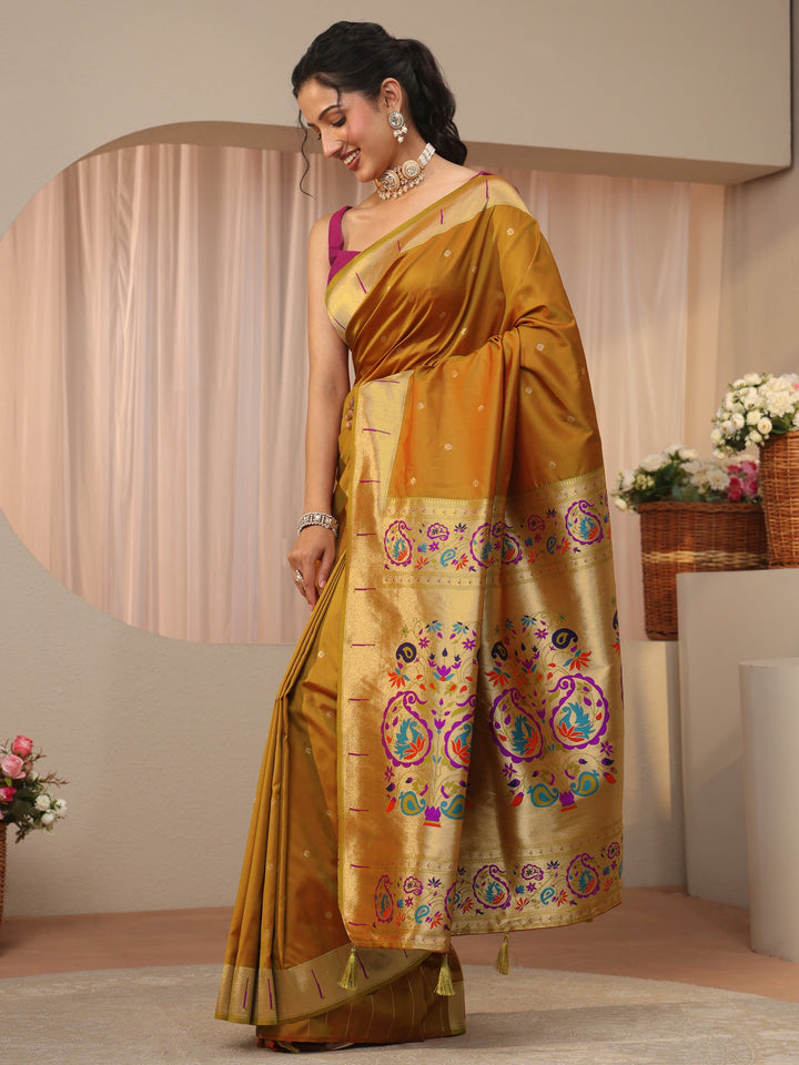 Mustard Ethnic Motif Self Design Silk Blend Saree