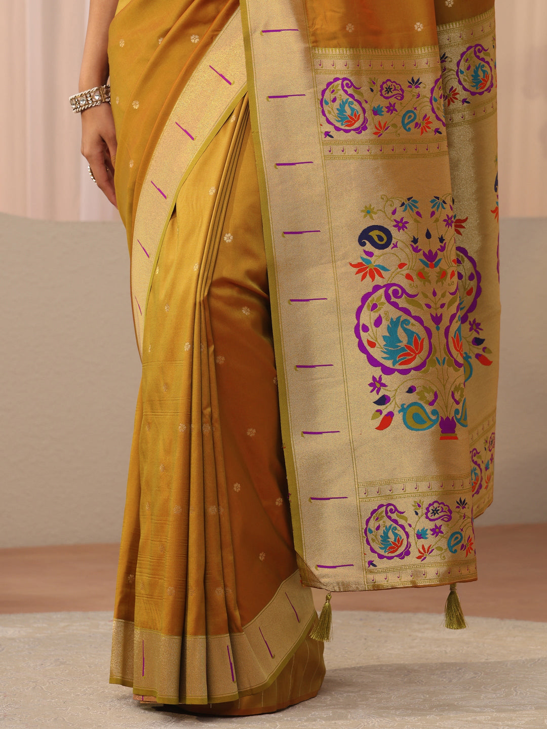 Mustard Ethnic Motif Self Design Silk Blend Saree