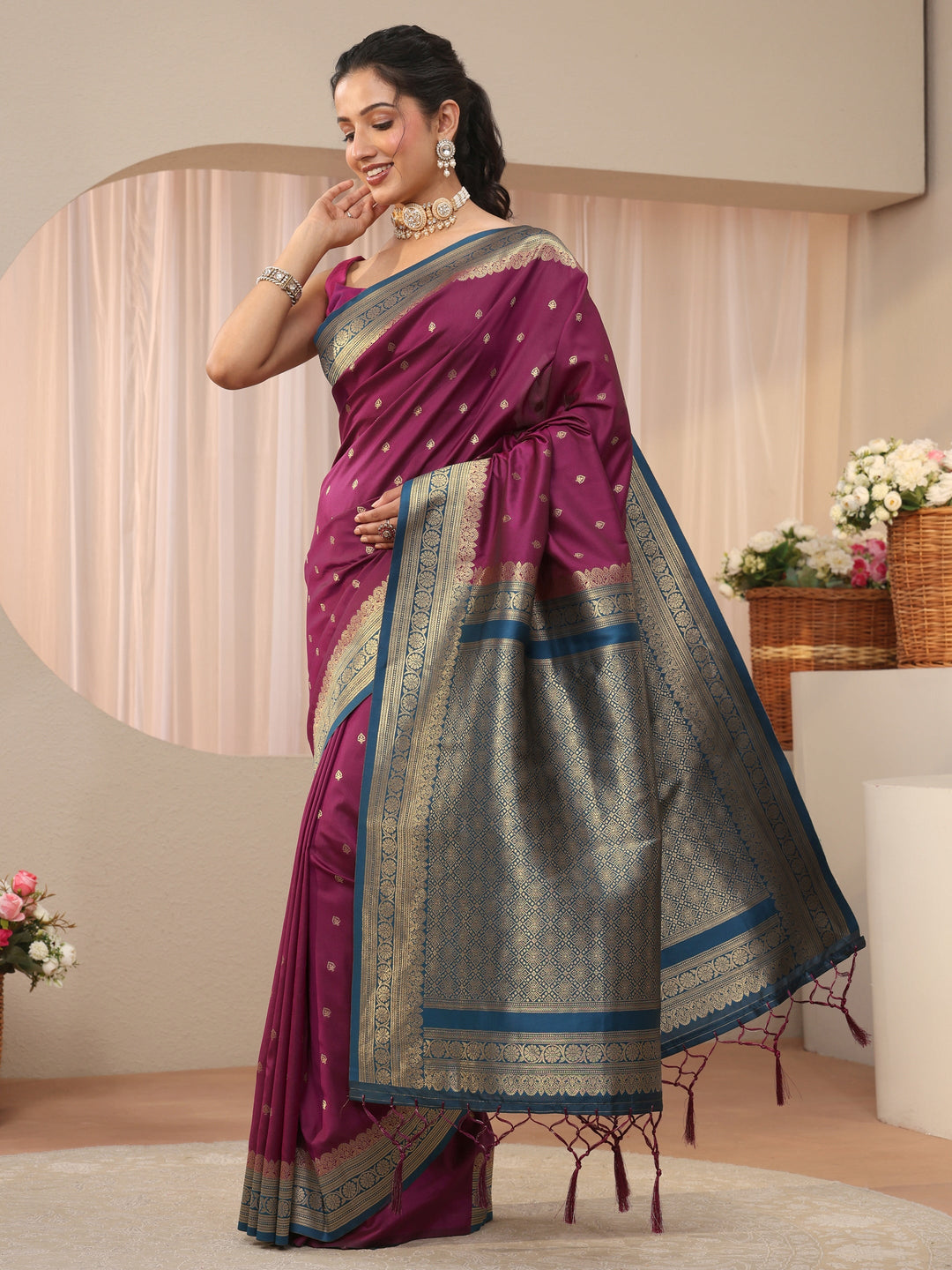 Burgundy Ethnic Motif Self Design Silk Blend Saree