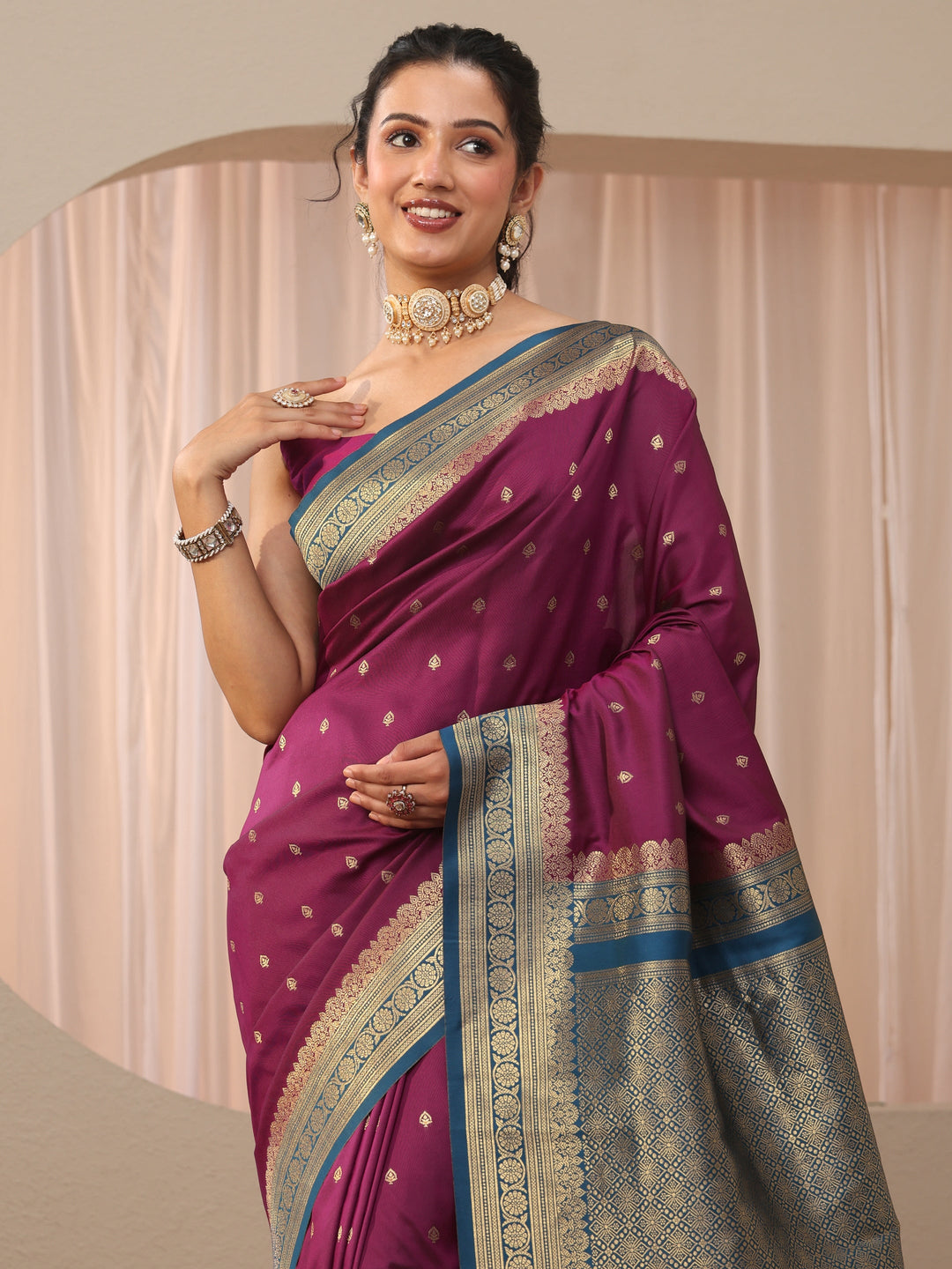 Burgundy Ethnic Motif Self Design Silk Blend Saree