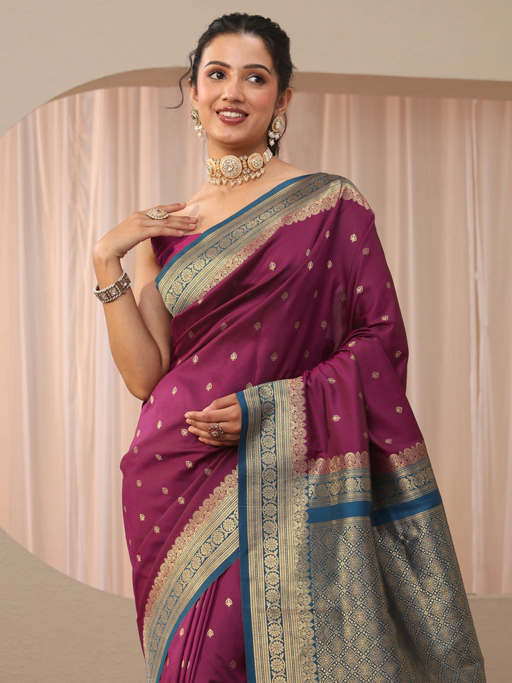 Burgundy Ethnic Motif Self Design Silk Blend Saree