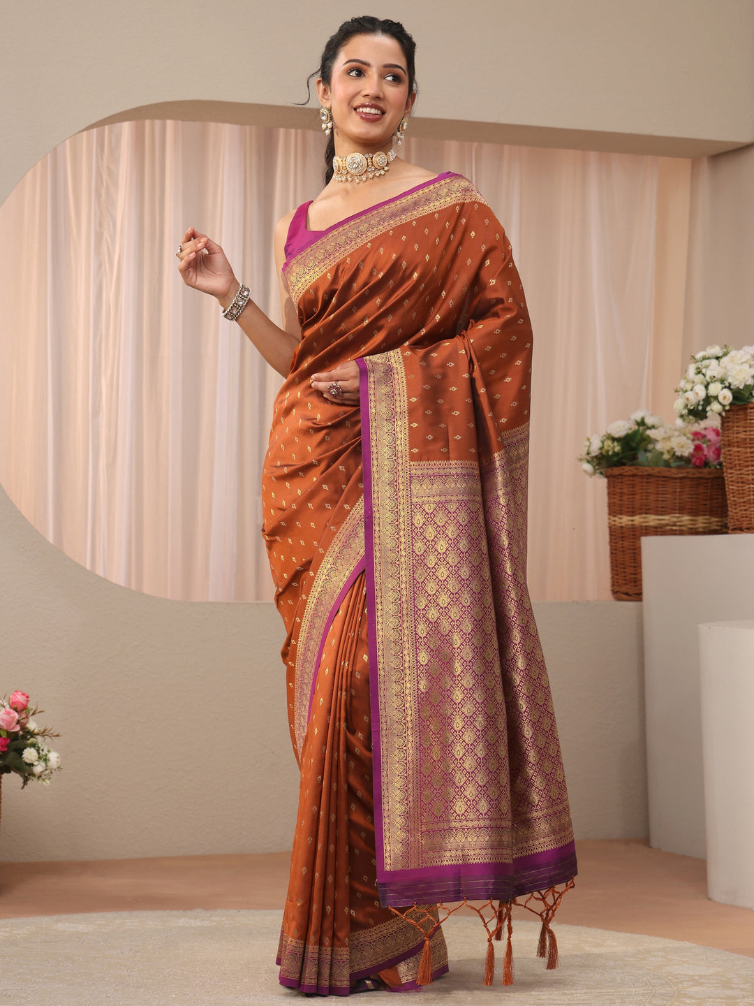 Libas Rust Kanjeevaram Silk Blend Saree